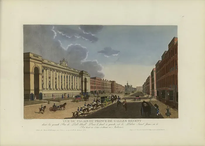 Framed Print : Vue du palais du prince de Galles régent, dans la grande rue de Pall-Mall, 1817-1824. Creator: Courvoisier-Voisin, Henri (1757-1830) Framed Print : Vue du palais du prince de Galles régent, dans la grande rue de Pall-Mall, 1817-1824. Creator: Courvoisier-Voisin, Henri (1757-1830)
