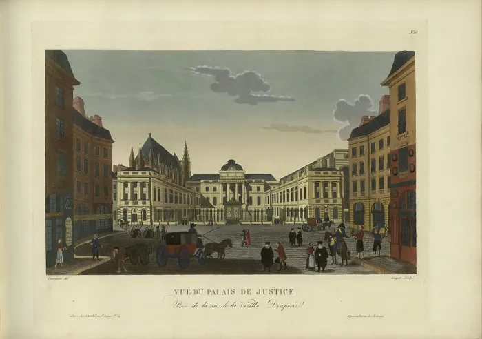 Framed Print : Vue du Palais de justice, prise de la rue de la Vieille-Draperie, 1817-1824. Creator: Courvoisier-Voisin, Henri (1757-1830) Framed Print : Vue du Palais de justice, prise de la rue de la Vieille-Draperie, 1817-1824. Creator: Courvoisier-Voisin, Henri (1757-1830)
