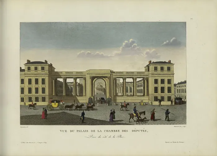 Framed Print : Vue du palais de la Chambre des députés, prise du côté de la place, 1817-1824. Creator: Courvoisier-Voisin, Henri (1757-1830) Framed Print : Vue du palais de la Chambre des députés, prise du côté de la place, 1817-1824. Creator: Courvoisier-Voisin, Henri (1757-1830)