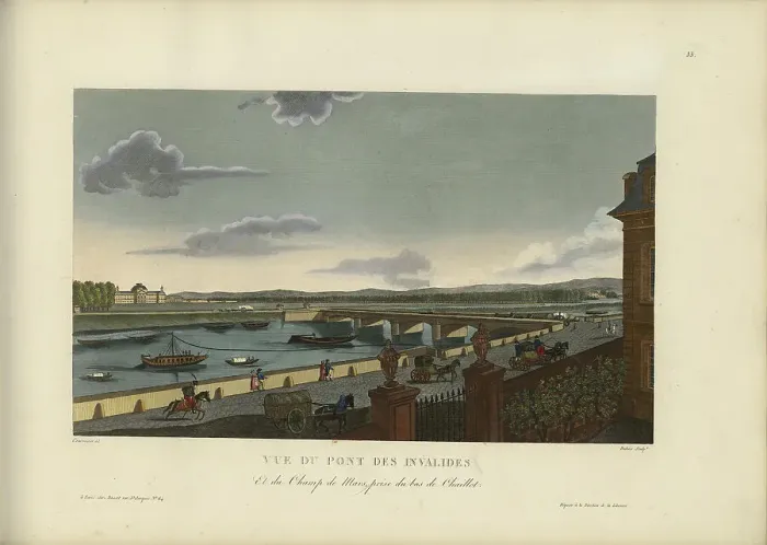Framed Print : Vue du Pont des Invalides et du Champ-de-Mars, prise du bas de la colline de Chaillot, 1817-1824. Creator: Courvoisier-Voisin, Henri (1757-1830) Framed Print : Vue du Pont des Invalides et du Champ-de-Mars, prise du bas de la colline de Chaillot, 1817-1824. Creator: Courvoisier-Voisin, Henri (1757-1830)