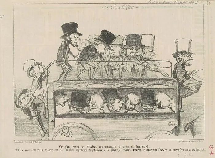Framed Print : Vue... et elévation des... omnibus du boulevard... 19th century. Creator: Honore Daumier Framed Print : Vue... et elévation des... omnibus du boulevard... 19th century. Creator: Honore Daumier