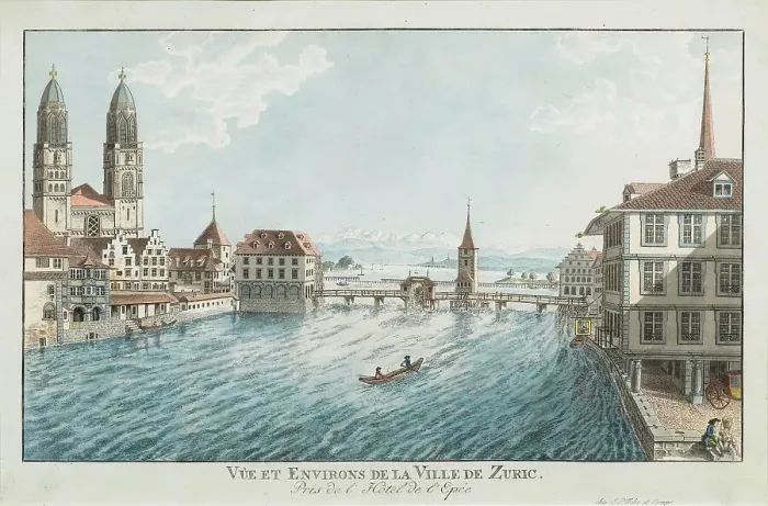 Framed Print : Vûe et environs de la Ville de Zurich pres de l'Hotel de l'Epée, c.1790. Creator: Fehr, Bartholomé (1747-1811) Framed Print : Vûe et environs de la Ville de Zurich pres de l'Hotel de l'Epée, c.1790. Creator: Fehr, Bartholomé (1747-1811)