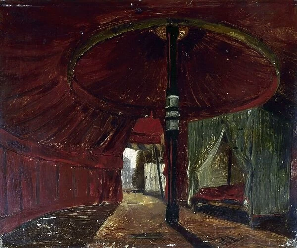 Vue intérieure de la tente du fils de l'empereur du Maroc(Sidi-Mohammed ben Abd-el... c1840-850. Creator: Jacques Guiaud)