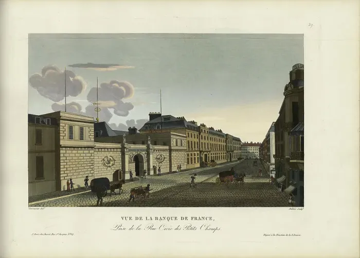 Framed Print : Vue de la Banque de France, prise de la rue Croix des Petits-Champs, 1817-1824. Creator: Courvoisier-Voisin, Henri (1757-1830) Framed Print : Vue de la Banque de France, prise de la rue Croix des Petits-Champs, 1817-1824. Creator: Courvoisier-Voisin, Henri (1757-1830)