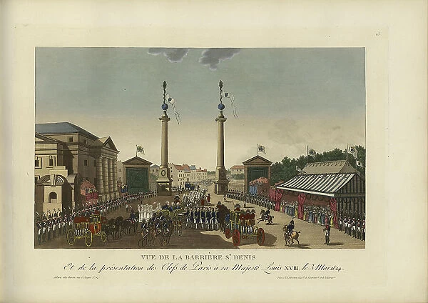 Vue de la barrière Saint-Denis, et de la présentation des clefs à Sa Majesté Louis XVIII le 3 mai... Creator: Courvoisier-Voisin, Henri (1757-1830)