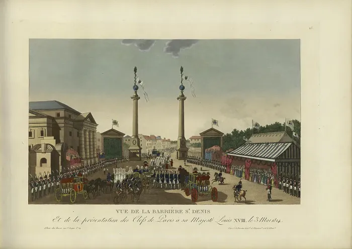 Framed Print : Vue de la barrière Saint-Denis, et de la présentation des clefs à Sa Majesté Louis XVIII le 3 mai... Creator: Courvoisier-Voisin, Henri (1757-1830) Framed Print : Vue de la barrière Saint-Denis, et de la présentation des clefs à Sa Majesté Louis XVIII le 3 mai... Creator: Courvoisier-Voisin, Henri (1757-1830)