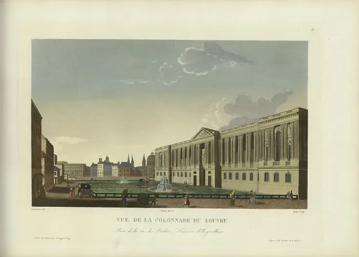 Framed Print : Vue de la colonnade du Louvre, prise de la rue des Poulies, terrasse d'Angevilliers, 1817-1824. Creator: Courvoisier-Voisin, Henri (1757-1830) Framed Print : Vue de la colonnade du Louvre, prise de la rue des Poulies, terrasse d'Angevilliers, 1817-1824. Creator: Courvoisier-Voisin, Henri (1757-1830)