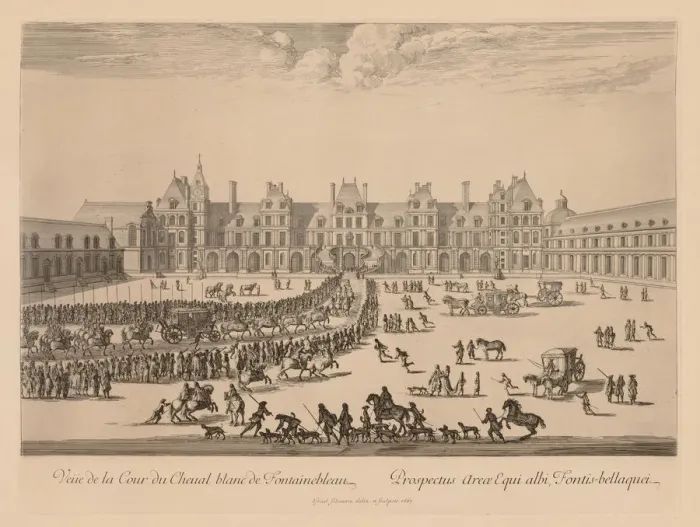 Framed Print : Vue de la Cour du Cheval-Blanc de Fontainebleau, 1667. Creator: Israel Silvestre (French Framed Print : Vue de la Cour du Cheval-Blanc de Fontainebleau, 1667. Creator: Israel Silvestre (French