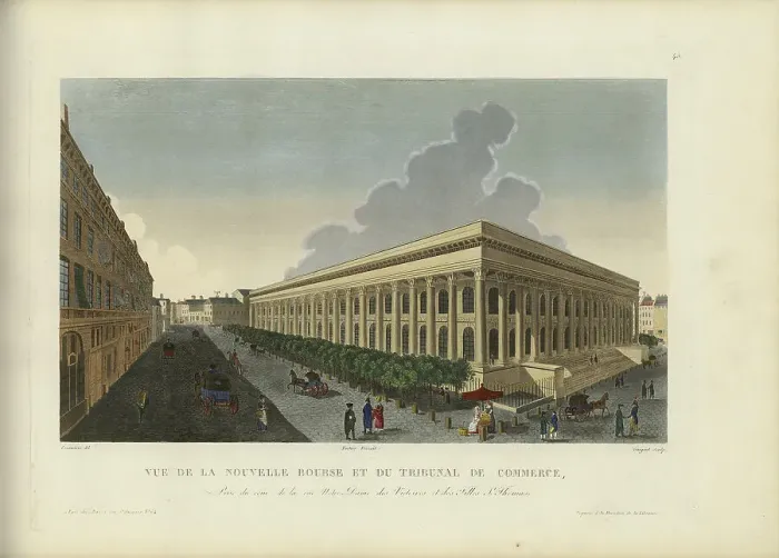 Framed Print : Vue de la nouvelle Bourse et du tribunal de commerce, prise du coin de la rue Notre... 1817-1824. Creator: Courvoisier-Voisin, Henri (1757-1830) Framed Print : Vue de la nouvelle Bourse et du tribunal de commerce, prise du coin de la rue Notre... 1817-1824. Creator: Courvoisier-Voisin, Henri (1757-1830)