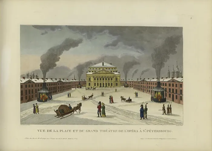 Framed Print : Vue de la place et du grand théâtre de l'opéra à Saint-Pétersbourg, 1817-1824. Creator: Courvoisier-Voisin, Henri (1757-1830) Framed Print : Vue de la place et du grand théâtre de l'opéra à Saint-Pétersbourg, 1817-1824. Creator: Courvoisier-Voisin, Henri (1757-1830)
