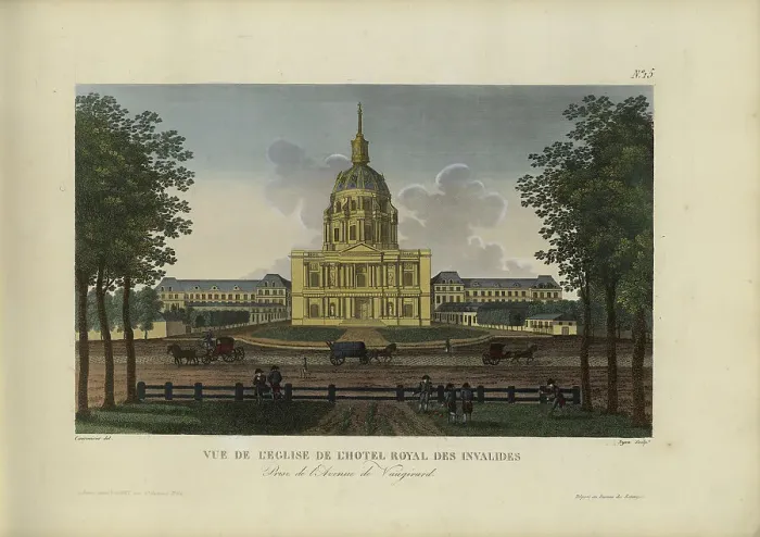 Framed Print : Vue de l'église de l'hôtel royal des Invalides, prise de l'avenue de Vaugirard, 1817-1824. Creator: Courvoisier-Voisin, Henri (1757-1830) Framed Print : Vue de l'église de l'hôtel royal des Invalides, prise de l'avenue de Vaugirard, 1817-1824. Creator: Courvoisier-Voisin, Henri (1757-1830)