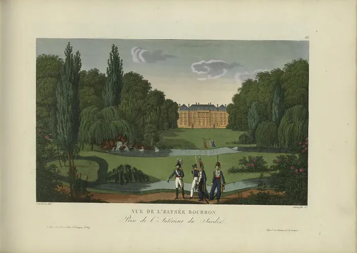 Framed Print : Vue de l'Elysée Bourbon, prise de l'intérieur du jardin, 1817-1824. Creator: Courvoisier-Voisin, Henri (1757-1830) Framed Print : Vue de l'Elysée Bourbon, prise de l'intérieur du jardin, 1817-1824. Creator: Courvoisier-Voisin, Henri (1757-1830)