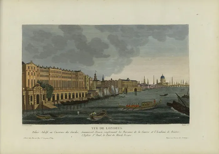 Framed Print : Vue de Londres, palais Adelfi ou caserne des Gardes Somerset House, renfermant les... 1817-1824. Creator: Courvoisier-Voisin, Henri (1757-1830) Framed Print : Vue de Londres, palais Adelfi ou caserne des Gardes Somerset House, renfermant les... 1817-1824. Creator: Courvoisier-Voisin, Henri (1757-1830)