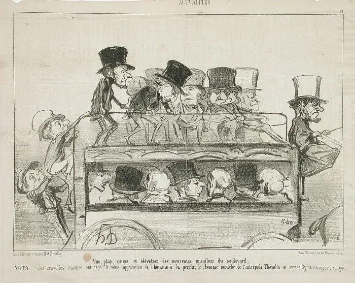 Framed Print : Vue plan coupé et elévation des nouveau omnibus du boulevard, 1853. Creator: Honore Daumier Framed Print : Vue plan coupé et elévation des nouveau omnibus du boulevard, 1853. Creator: Honore Daumier