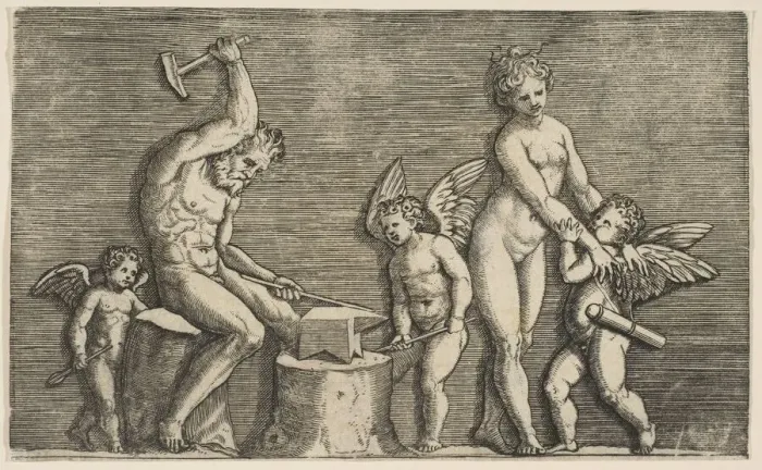 Framed Print : Vulcan seated hammering on an anvil flanked by Venus and three cupids, ca. 1515-27 Framed Print : Vulcan seated hammering on an anvil flanked by Venus and three cupids, ca. 1515-27