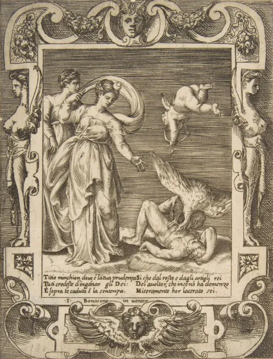 Framed Print : A vulture eating the innards of Titius, Cupid above two women to the left, set within a Framed Print : A vulture eating the innards of Titius, Cupid above two women to the left, set within a