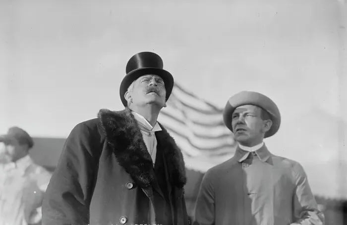 Framed Print : W. Wellman with unidentified gentleman at aviation meet, 1910. Creator: Bain News Service Framed Print : W. Wellman with unidentified gentleman at aviation meet, 1910. Creator: Bain News Service