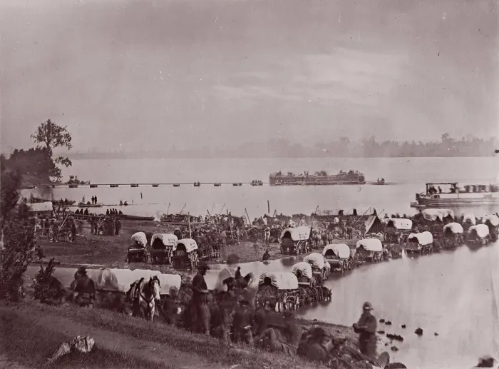Framed Print : Wagon Train at Port Royal, Rappahannock River, 1861-65. Creator: Andrew Joseph Russell Framed Print : Wagon Train at Port Royal, Rappahannock River, 1861-65. Creator: Andrew Joseph Russell