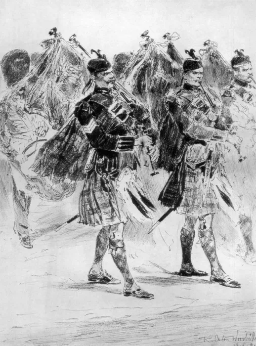 Framed Print : To the Wail of the Pipes, The Highland Soldiers Lament, 1910. Artist: Richard Caton Woodville II Framed Print : To the Wail of the Pipes, The Highland Soldiers Lament, 1910. Artist: Richard Caton Woodville II