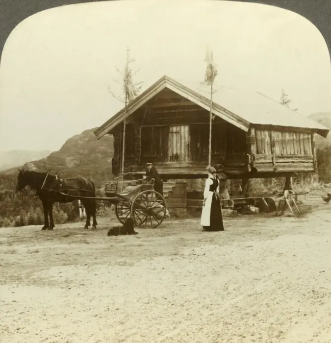 Framed Print : Waiting for passengers on the road near Bolkesjo, Norway, c1905. Creator: Unknown Framed Print : Waiting for passengers on the road near Bolkesjo, Norway, c1905. Creator: Unknown