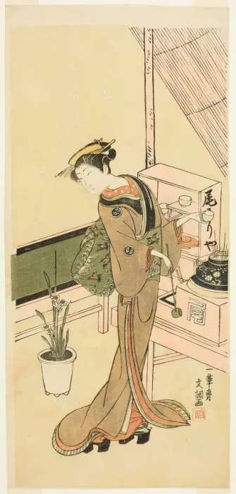 Framed Print : Waitress at the Owariya Teahouse, c. 1768. Creator: Ippitsusai Buncho Framed Print : Waitress at the Owariya Teahouse, c. 1768. Creator: Ippitsusai Buncho