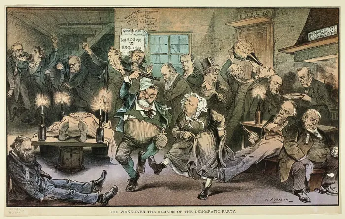 Framed Print : The Wake over the Remains of the Democratic Party, from Puck, n.d. Creator: Joseph Keppler Framed Print : The Wake over the Remains of the Democratic Party, from Puck, n.d. Creator: Joseph Keppler