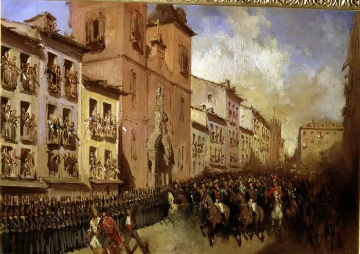 Framed Print : Walk of the Dukes of Montpensier by Montera street of Madrid oil on canvas by Pharamond Framed Print : Walk of the Dukes of Montpensier by Montera street of Madrid oil on canvas by Pharamond