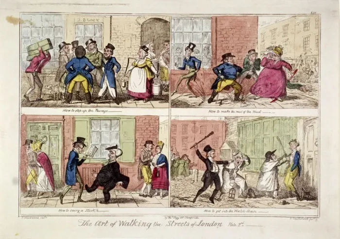 Framed Print : Walking the streets of London, 1818. Artist: George Cruikshank Framed Print : Walking the streets of London, 1818. Artist: George Cruikshank