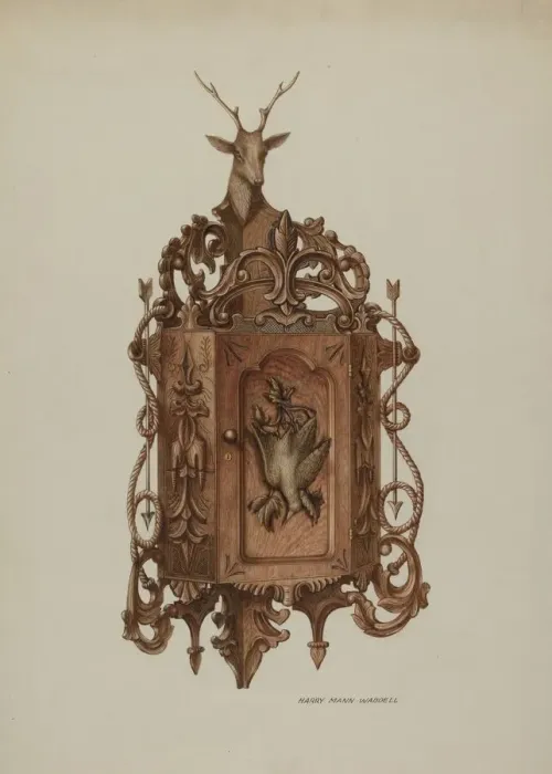 Framed Print : Wall Cabinet, Hand Carved, c. 1937. Creator: Harry Mann Waddell Framed Print : Wall Cabinet, Hand Carved, c. 1937. Creator: Harry Mann Waddell