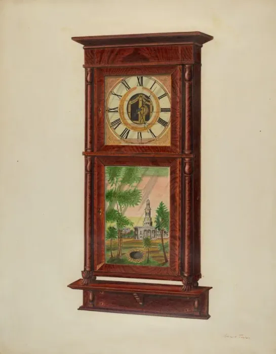 Framed Print : Wall Clock with Mantel, c. 1939. Creator: Richard Taylor Framed Print : Wall Clock with Mantel, c. 1939. Creator: Richard Taylor