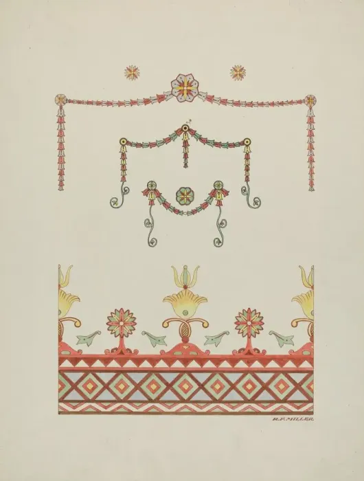 Framed Print : Wall Decorations (Drawing Made from a Restoration), 1936. Creator: Randolph F Miller Framed Print : Wall Decorations (Drawing Made from a Restoration), 1936. Creator: Randolph F Miller
