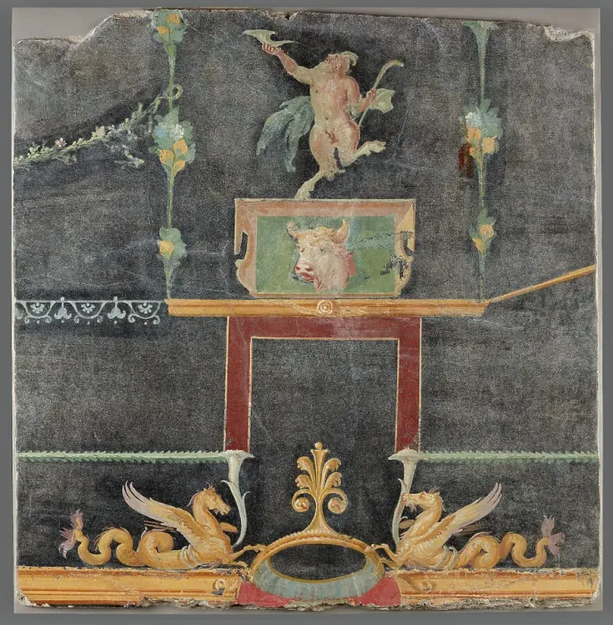 Framed Print : Wall Fragment with Dancing Satyr, Hippocamps, and other Decorative Motifs on Black Ground, AD 50-79. Creator: Unknown Framed Print : Wall Fragment with Dancing Satyr, Hippocamps, and other Decorative Motifs on Black Ground, AD 50-79. Creator: Unknown