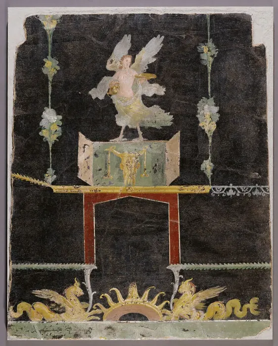 Framed Print : Wall fragment with Siren, Sea Monsters and Niche on Black Ground, A.D. 50-79. Creator: Unknown Framed Print : Wall fragment with Siren, Sea Monsters and Niche on Black Ground, A.D. 50-79. Creator: Unknown