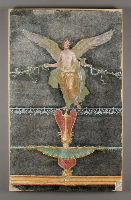 Framed Print : Wall Fragment with Winged Female (Nike) on Black Ground, A.D. 50-79. Creator: Unknown Framed Print : Wall Fragment with Winged Female (Nike) on Black Ground, A.D. 50-79. Creator: Unknown