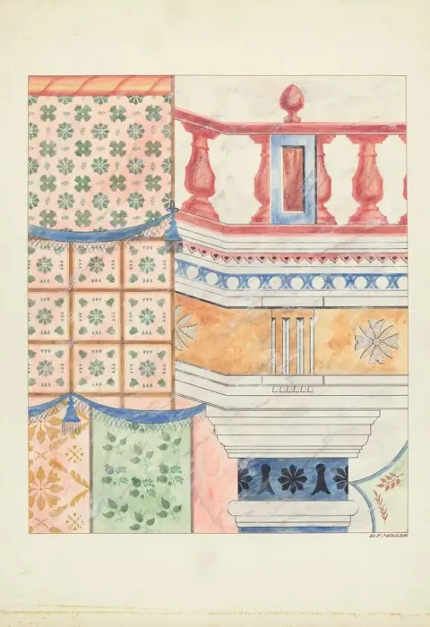 Framed Print : Detail of Wall Painting, 1937. Creator: Randolph F Miller Framed Print : Detail of Wall Painting, 1937. Creator: Randolph F Miller