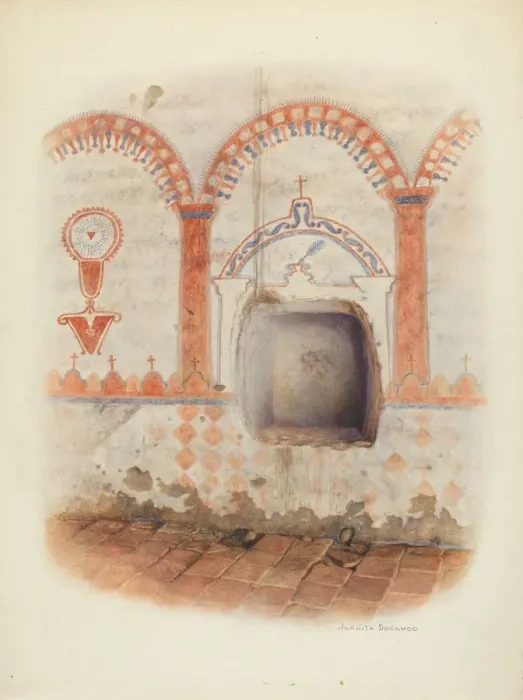 Framed Print : Wall Painting and Baptismal Niche, c. 1941. Creator: Juanita Donahoo Framed Print : Wall Painting and Baptismal Niche, c. 1941. Creator: Juanita Donahoo