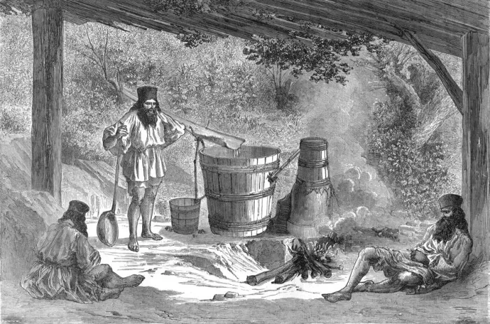 Framed Print : Wallachians Distilling Slievovitz; A Visit to the Danubian Principalities, 1875. Creator: Nelson Boyd Framed Print : Wallachians Distilling Slievovitz; A Visit to the Danubian Principalities, 1875. Creator: Nelson Boyd