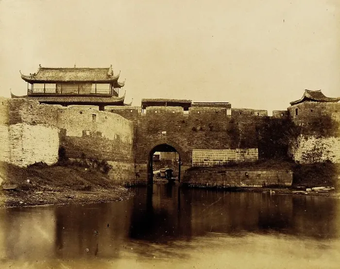 Framed Print : Walled River and Bridge with Buildings Above, 1860. Creator: Felice Beato Framed Print : Walled River and Bridge with Buildings Above, 1860. Creator: Felice Beato