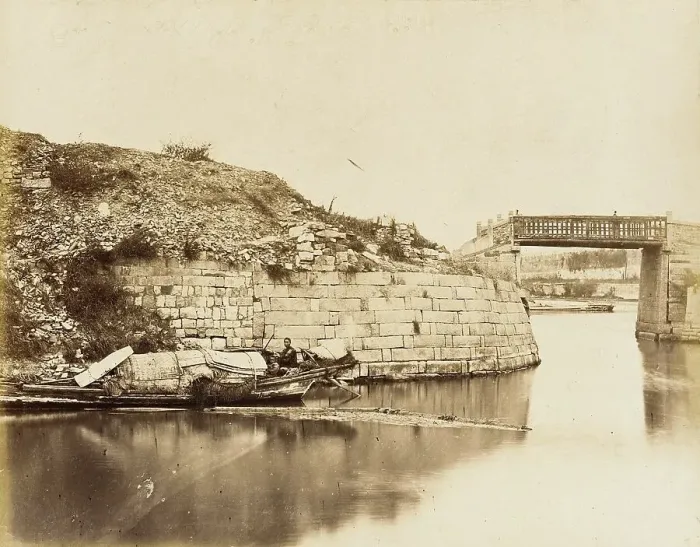 Framed Print : Walled River with Bridge and Houseboats, 1860. Creator: Felice Beato Framed Print : Walled River with Bridge and Houseboats, 1860. Creator: Felice Beato