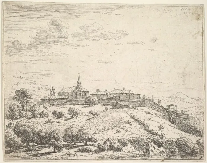 Framed Print : Walled village on a hill, with church at left and buildings constructed on the downslope Framed Print : Walled village on a hill, with church at left and buildings constructed on the downslope
