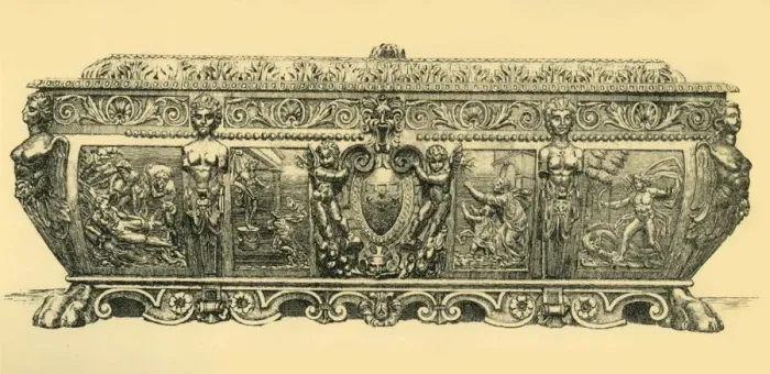 Framed Print : Walnut cassone, 1570, (1881). Creator: Frederick Marriott Framed Print : Walnut cassone, 1570, (1881). Creator: Frederick Marriott