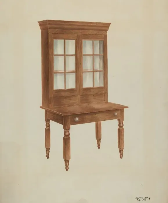Framed Print : Walnut Desk and Bookcase, c. 1941. Creator: Harry King Framed Print : Walnut Desk and Bookcase, c. 1941. Creator: Harry King