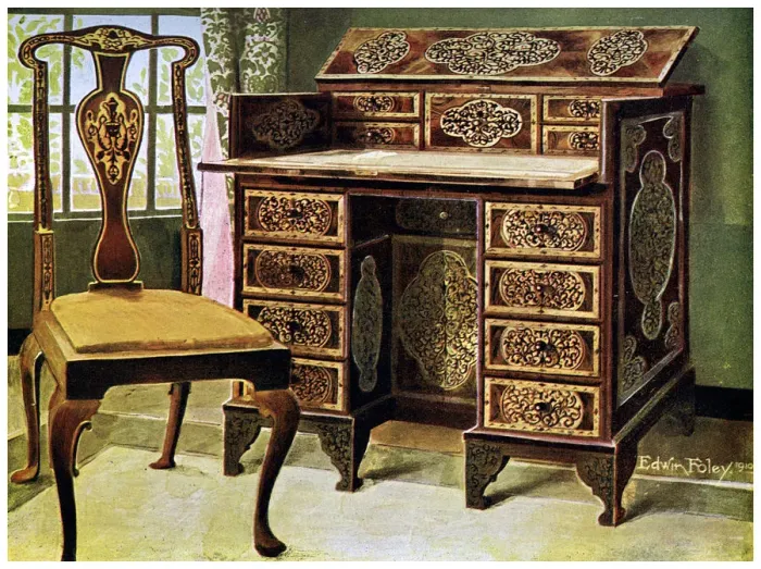 Framed Print : Walnut inlaid writing table, 1910. Artist: Edwin Foley Framed Print : Walnut inlaid writing table, 1910. Artist: Edwin Foley