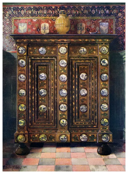 Framed Print : Walnut kas inlaid and with painted medallions of Delft ware, 1910. Artist: Edwin Foley Framed Print : Walnut kas inlaid and with painted medallions of Delft ware, 1910. Artist: Edwin Foley