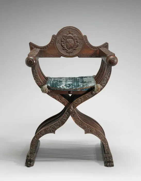 Framed Print : Walnut Savonarola Chair with Letters A. G. c. 1520  /  1540. Creator: Unknown