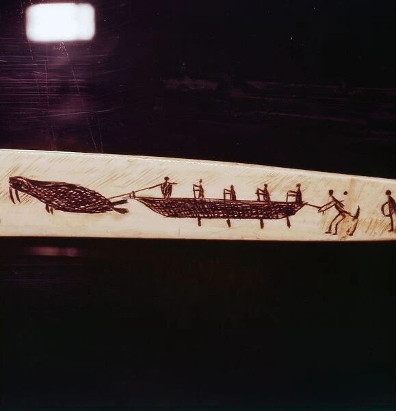 Walrus Hunt, detail of carving on Eskimo snow-knife, walrus ivory, 19th century
