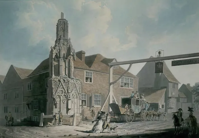 Framed Print : Waltham Cross and Post Coach, 1786. Creator: Edward Dayes