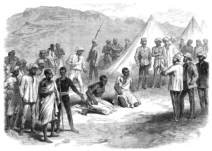 Framed Print : The War in Abyssinia: trial of two natives for stealing commissariat stores, 1868. Creator: Unknown Framed Print : The War in Abyssinia: trial of two natives for stealing commissariat stores, 1868. Creator: Unknown