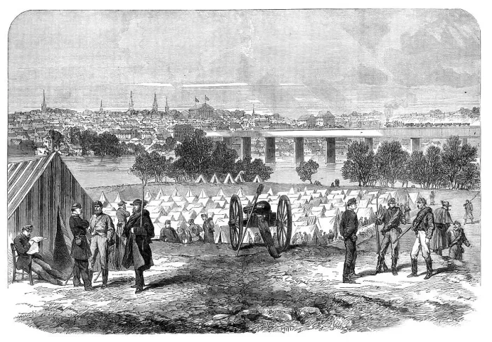 Framed Print : The War in America: camp of Federal prisoners on Belle Isle, Richmond... 1864. Creator: Unknown Framed Print : The War in America: camp of Federal prisoners on Belle Isle, Richmond... 1864. Creator: Unknown