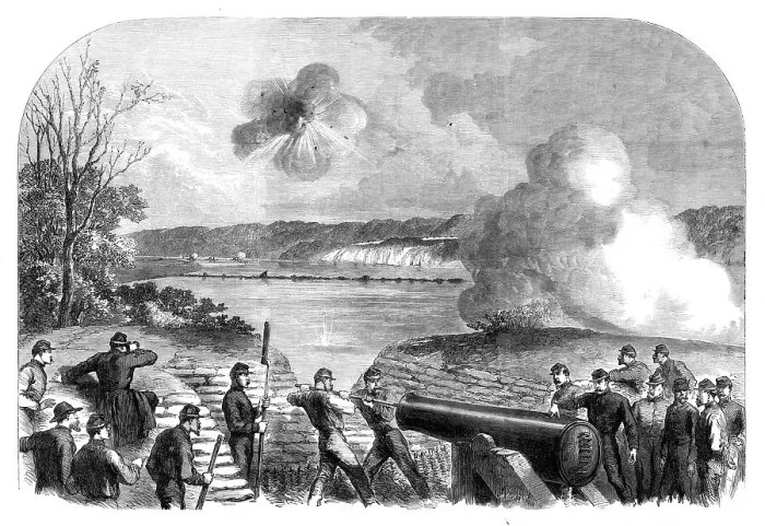 Framed Print : The War in America: Howlett's battery on the James River... 1864. Creator: Mason Jackson Framed Print : The War in America: Howlett's battery on the James River... 1864. Creator: Mason Jackson